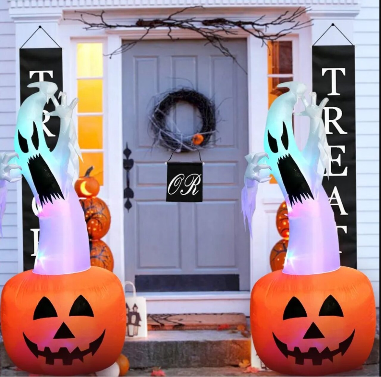 6 FT White LED lighted Inflatable Pumpkin with A Ghost Floating On, Inflatable Holiday Yard Lawn Garden Decorations for Indoor and Outdoor